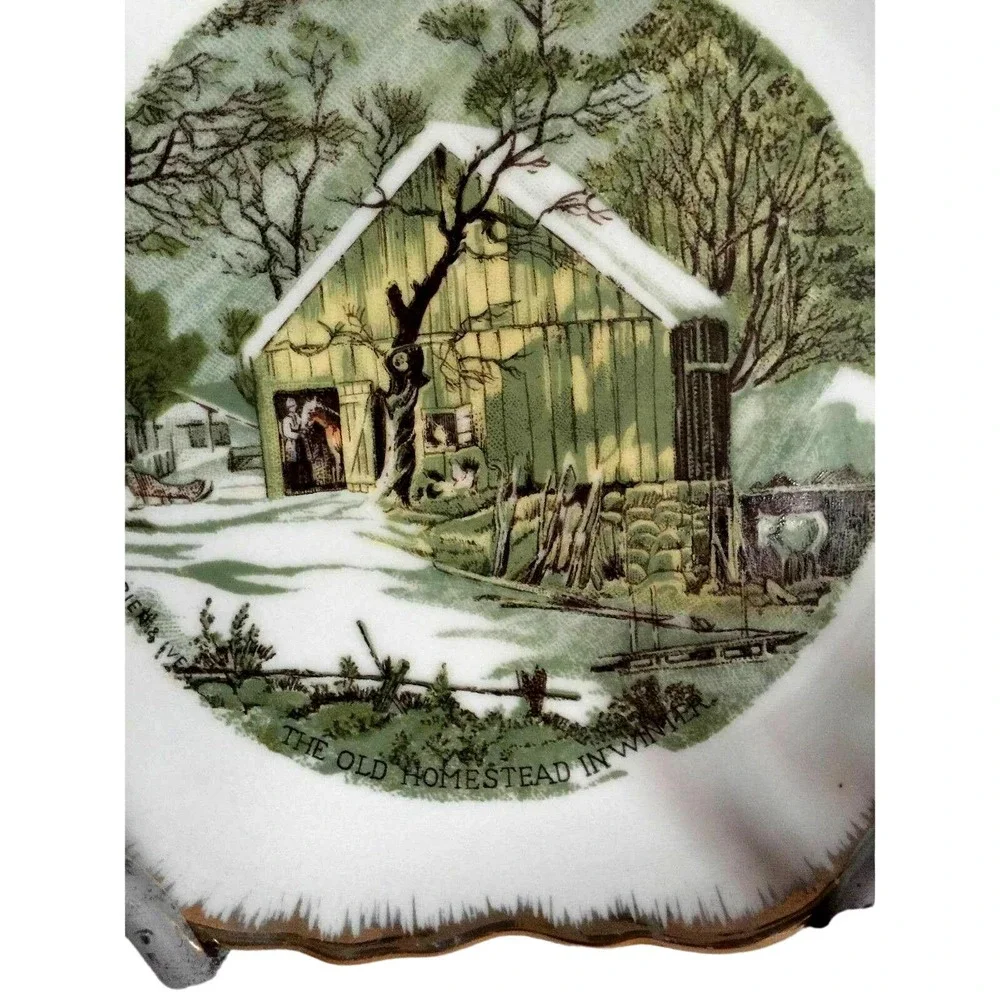 Currier & Ives Old Homestead in Winter Decorative Collector Plate Gold Trim